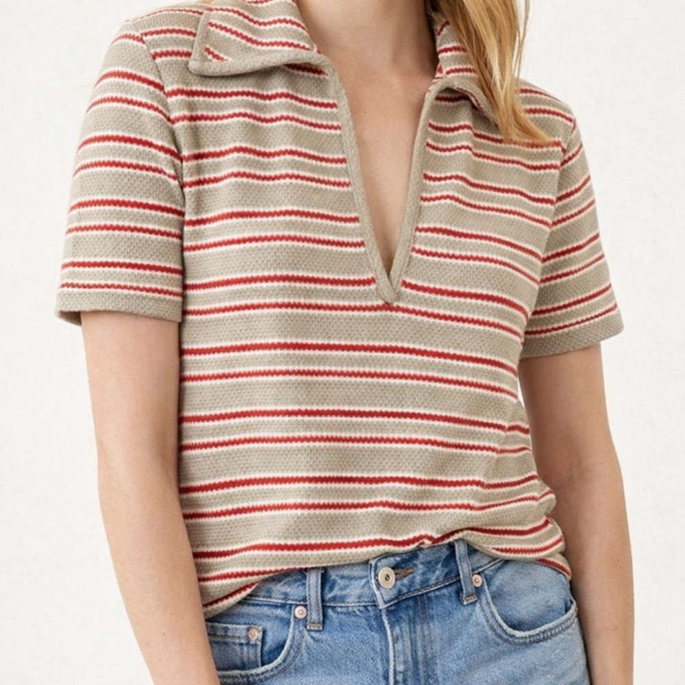 ZARA Retro Look Red and Cream Striped Polo Top ❤️🤍🤎